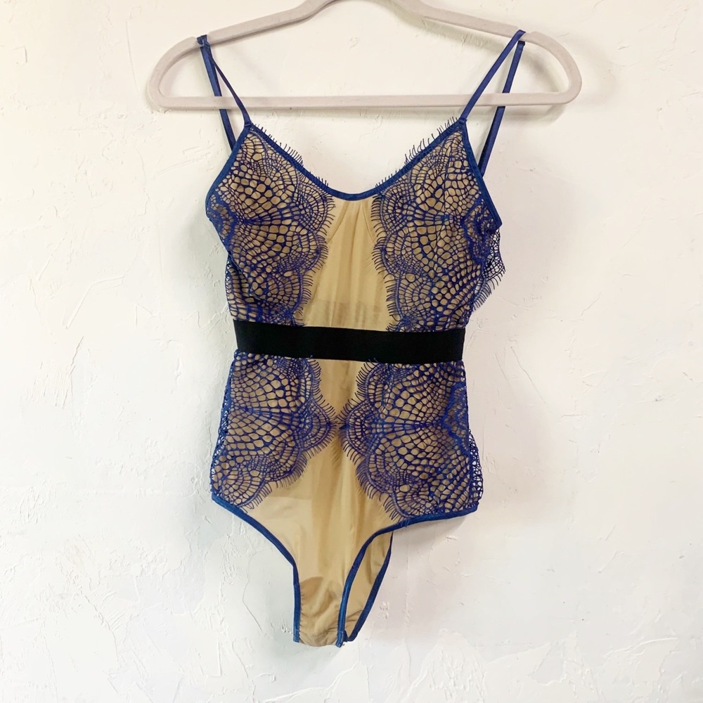 For Love & Lemons Bat Your Lashes Bodysuit Nude Blue Lace S CBOD1070PFA17